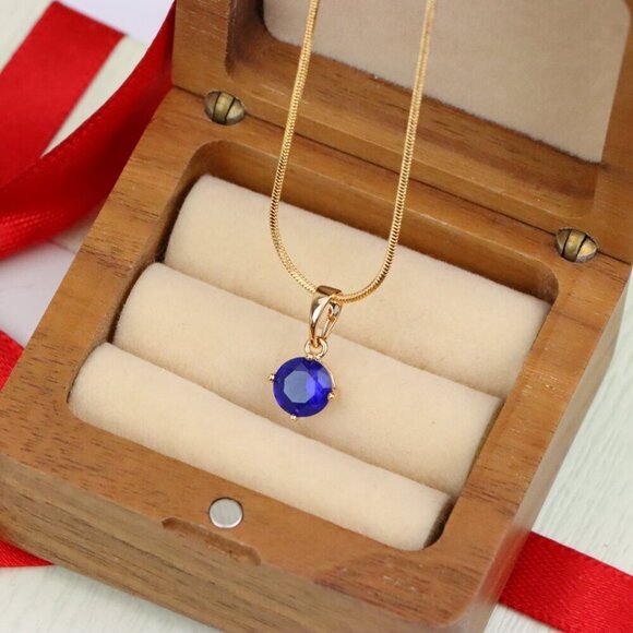 "Round Blue Stone Pendant in Gold Plated Brass – Dainty Everyday Charm, XPPT1758 - Picture 8 of 13
